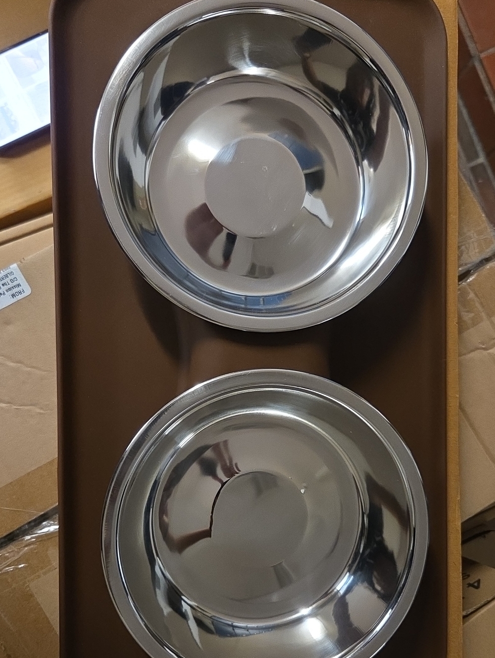 Double Stainless Steel Pet Bowls‎ on Brown Feeding Tray